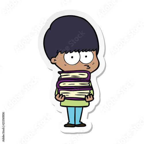 sticker of a nervous cartoon boy carrying books