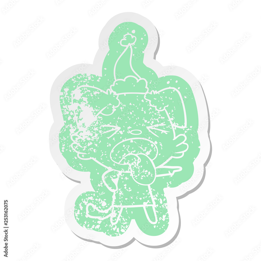 cartoon distressed sticker of a disgusted dog wearing santa hat cartoon distressed sticker of a disgusted dog wearing santa hat