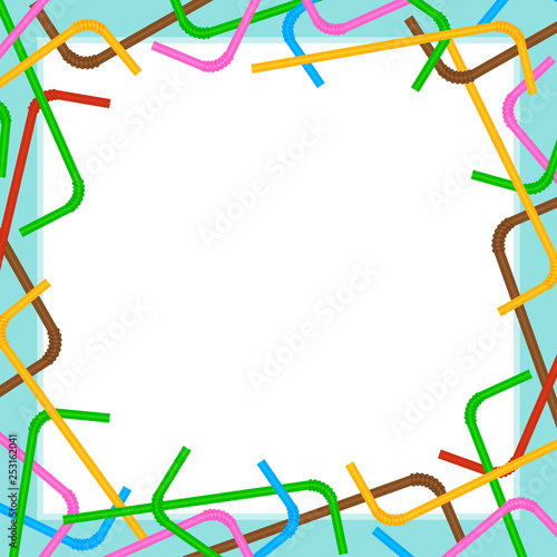 banner frame of straws colorful on white background, plastic straws waste frame for poster copy space, square ad campaign stop and ban using straws plastic waste, advertising banner empty tube garbage
