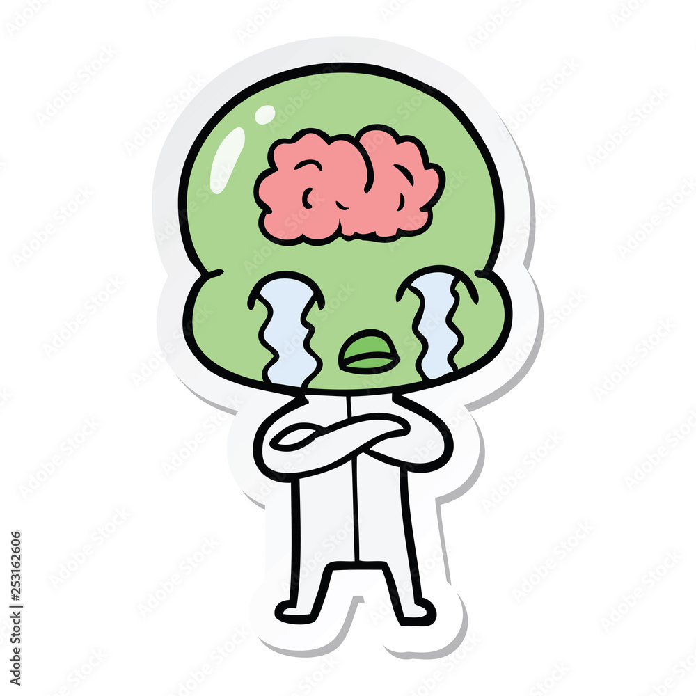 sticker of a cartoon big brain alien crying sticker of a cartoon big brain alien crying