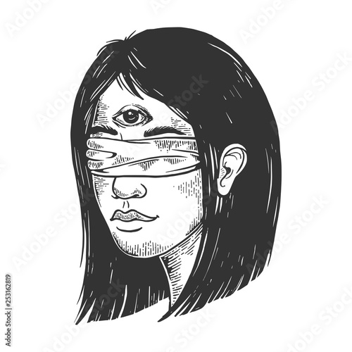 Blindfolded clairvoyant young woman with three eyes forehead vintage sketch engraving vector illustration. Scratch board style imitation. Black and white hand drawn image.