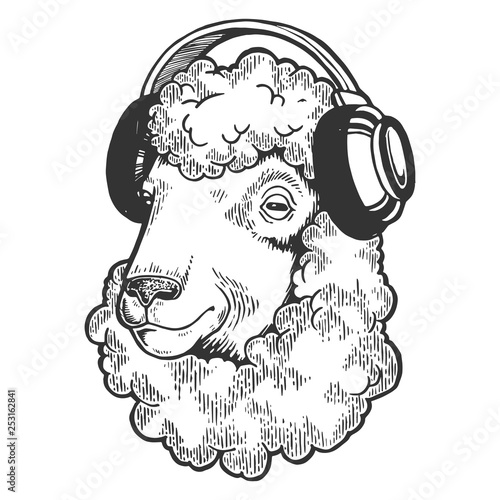 Sheep animal in headphones sketch engraving vector illustration. Scratch board style imitation. Black and white hand drawn image.