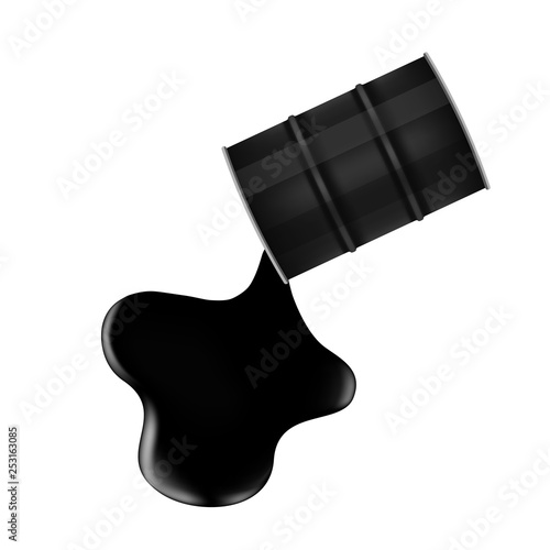 black metal barrel and crude oil drop and spill isolated on white background, crude oil is poured and flowing drops out of the black barrel oil tanker, black metal barrel and spilled crude oil drop