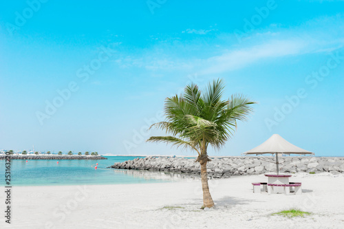 White sandy beach with blue lagoon and a place for contemplation. Al Mamzar  Dubai  Emirates  Jul.2018