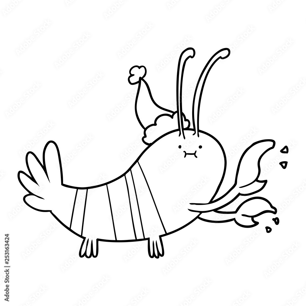 line drawing of a lobster wearing santa hat line drawing of a lobster wearing santa hat