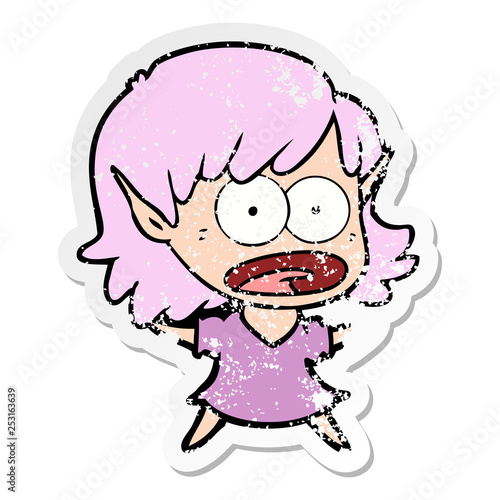 distressed sticker of a cartoon shocked elf girl