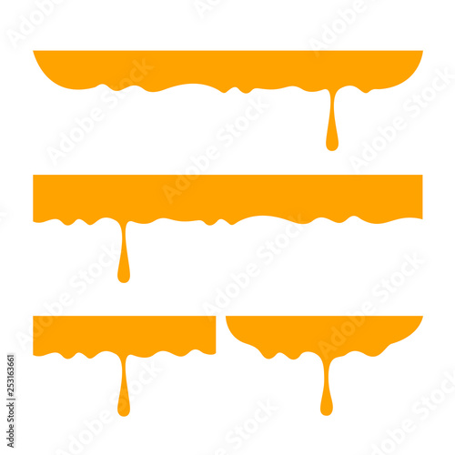 honey dripping with honey dipper isolated on white background, flat lay liquid drop yellow orange for info graphic, honey drip splash flowing from top, honey syrup sweet and sticky flowing splash drip