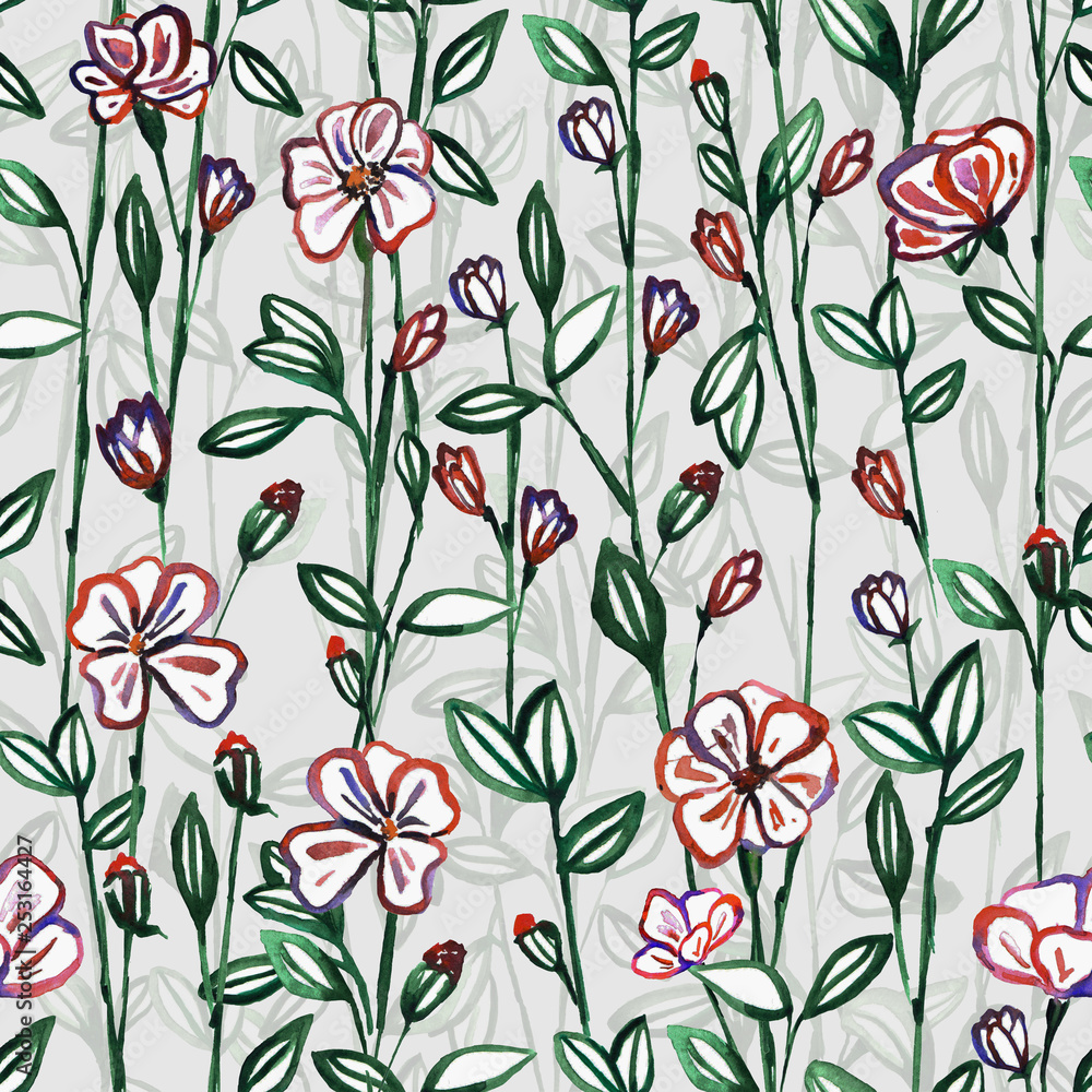 Seamless flowers and leaves on pastel background. pattern