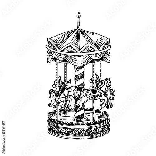 Vintage carousel with horses. Sketch. Engraving style. Vector illustration. .