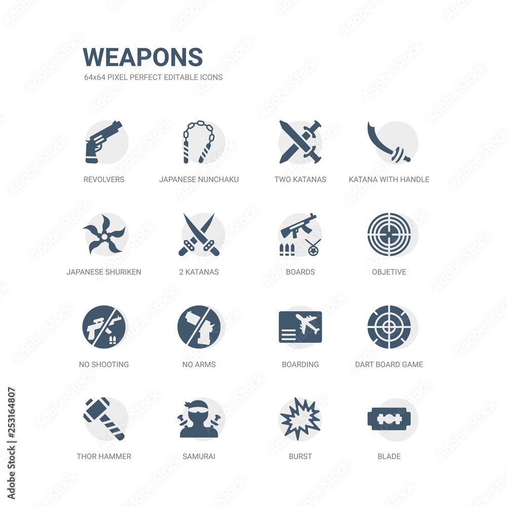 simple set of icons such as blade, burst, samurai, thor hammer, dart board game, boarding, no arms, no shooting, objetive, boards. related weapons icons collection. editable 64x64 pixel perfect.
