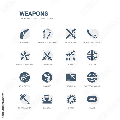 simple set of icons such as blade, burst, samurai, thor hammer, dart board game, boarding, no arms, no shooting, objetive, boards. related weapons icons collection. editable 64x64 pixel perfect.