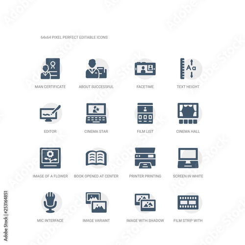 simple set of icons such as film strip with a triangle inside, image with shadow interface, image variant, mic interface, screen in white, printer printing squares, book opened at center, image of a