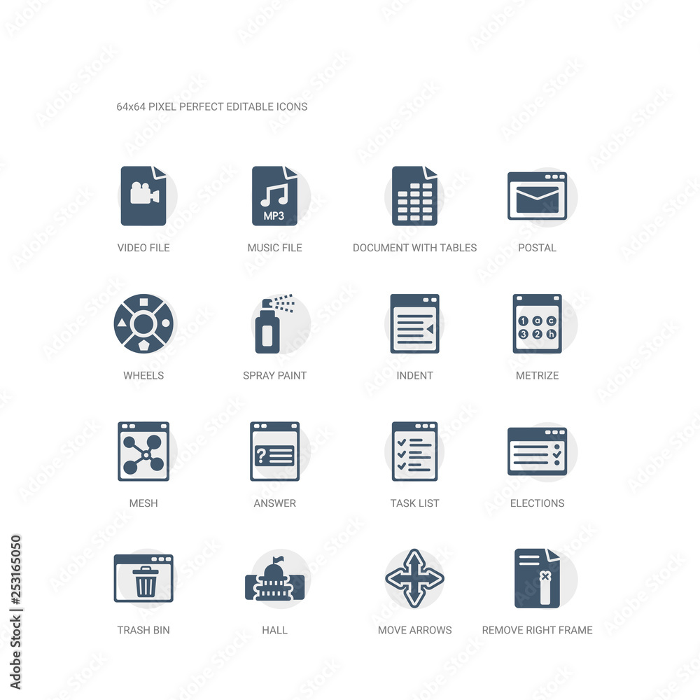 simple set of icons such as remove right frame, move arrows, hall, trash bin, elections, task list, answer, mesh, metrize, indent. related ui icons collection. editable 64x64 pixel perfect.