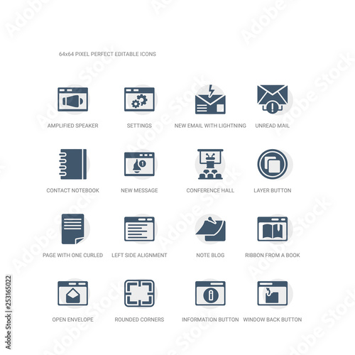 simple set of icons such as window back button, information button, rounded corners square, open envelope, ribbon from a book, note blog, left side alignment, page with one curled corner, layer