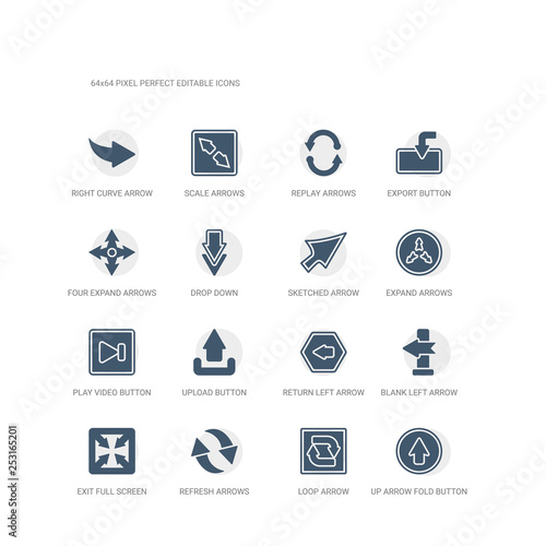 simple set of icons such as up arrow fold button, loop arrow, refresh arrows, exit full screen arrows, blank left arrow, return left upload button, play video button, expand arrows, sketched related