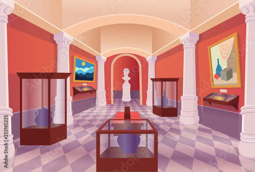 Museum art gallery vector cartoon interior. 