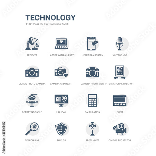 simple set of icons such as cinema projector, spotlights, shields, search bug, dock, calculation, holiday, operating table, international passport, camera front view. related technology icons