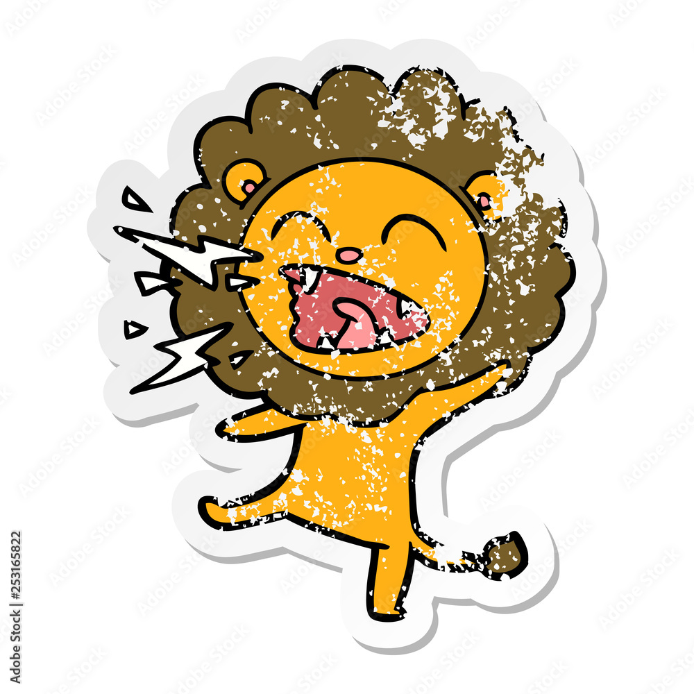 distressed sticker of a cartoon roaring lion distressed sticker of a cartoon roaring lion