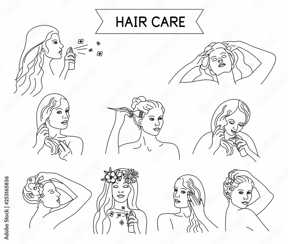Hair care steps. Line style. Isolated on white background. Wash hair, head  massage, balm, mask, care for hair tips, spray. Set for spa salon, eco  cosmetics Stock Vector | Adobe Stock