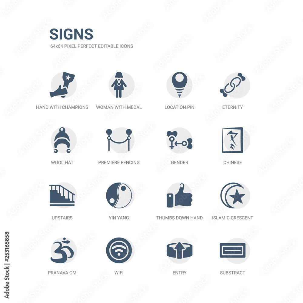 simple set of icons such as substract, entry, wifi, pranava om, islamic crescent with small star, thumbs down hand, yin yang, upstairs, chinese, gender. related signs icons collection. editable