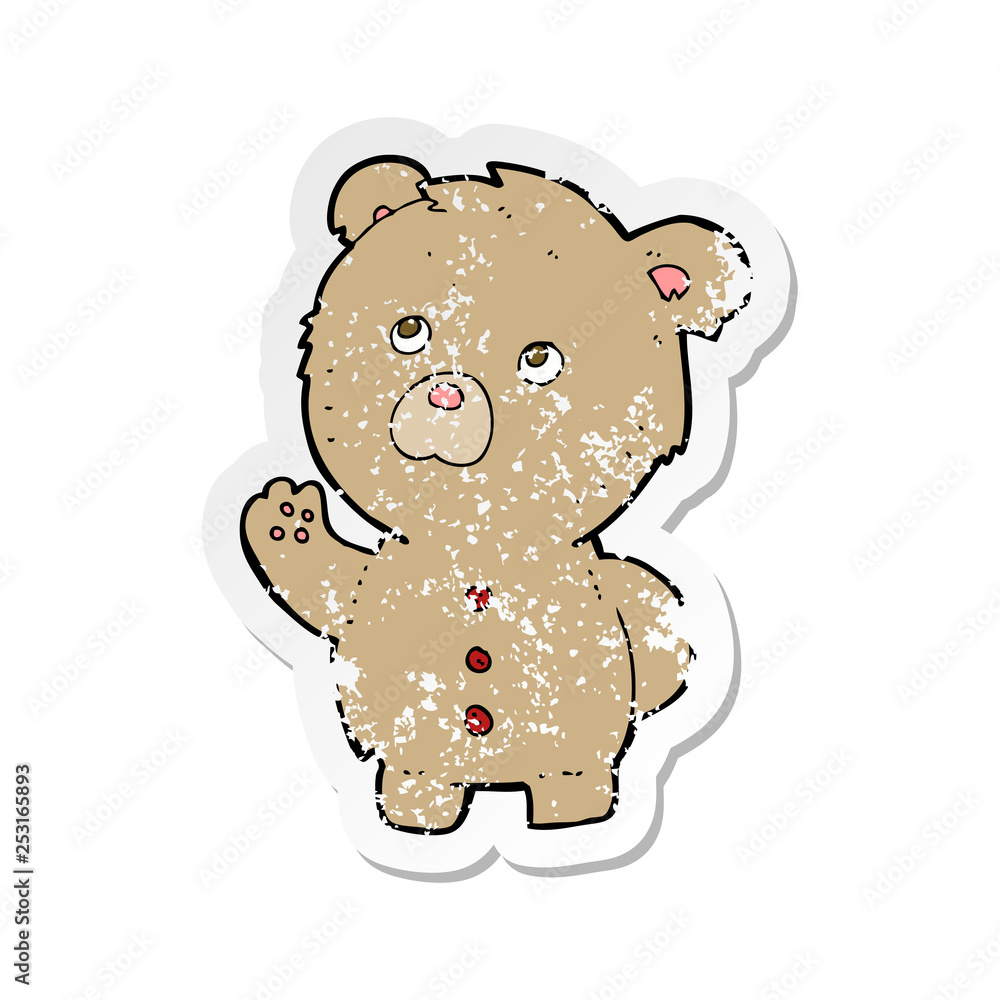 retro distressed sticker of a cartoon waving teddy bear retro distressed sticker of a cartoon waving teddy bear