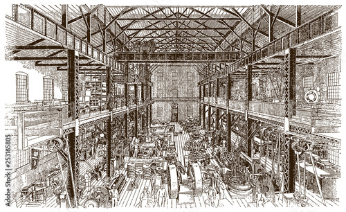 Interior view of historical machine shop, factory building with machinery and workers, after antique engraving