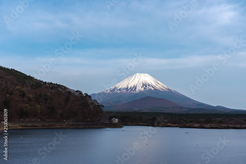 Mount Fuji or Mt. Fuji  the World Heritage  view in Lake Shoji   Shojiko  . Fuji Five Lake region  Minamitsuru District  Yamanashi prefecture  Japan. Landscape for travel destination.