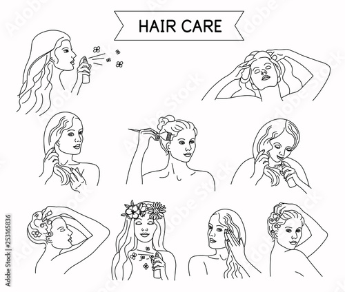 Hair care steps. Line style. Isolated on white background. Wash hair, head massage, balm, mask, care for hair tips, spray. Set for spa salon, eco cosmetics 