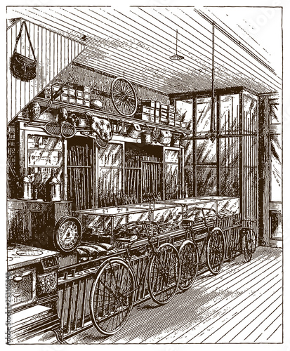 Historical shop for sporting and athletic goods (after an etching or engraving from the 19th century)