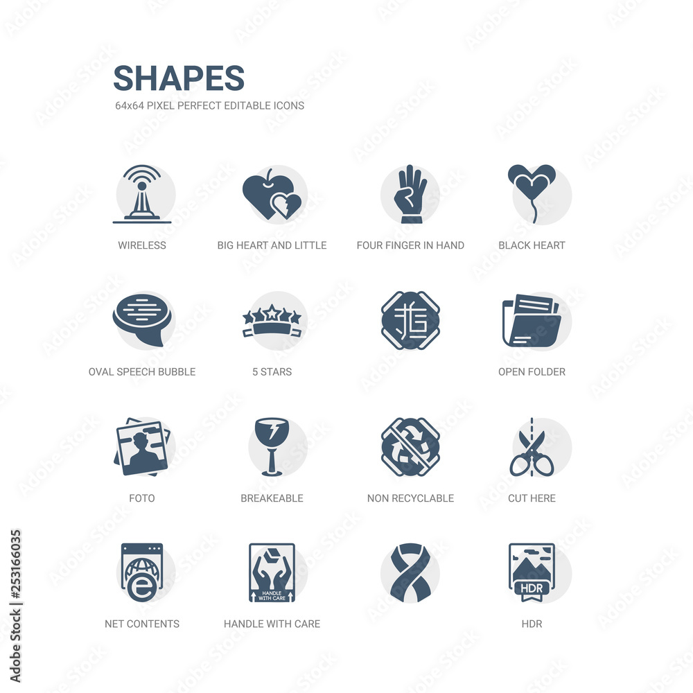 simple set of icons such as hdr,  , handle with care, net contents, cut here, non recyclable, breakeable, foto, open folder,  related shapes icons collection. editable 64x64 pixel