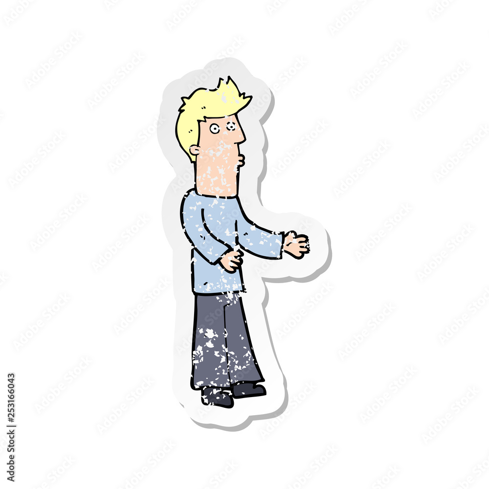 retro distressed sticker of a cartoon man explaining retro distressed sticker of a cartoon man explaining