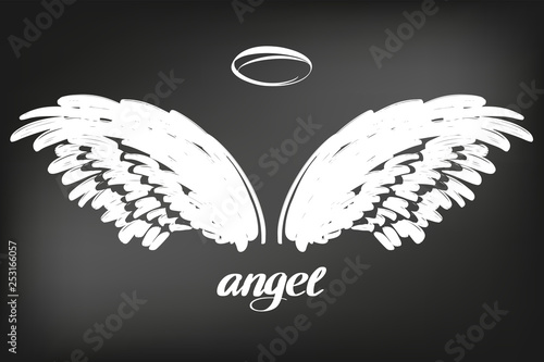 Angel wings icon sketch collection, religious calligraphic text symbol of Christianity hand drawn vector illustration sketch, drawn in chalk on a black Board