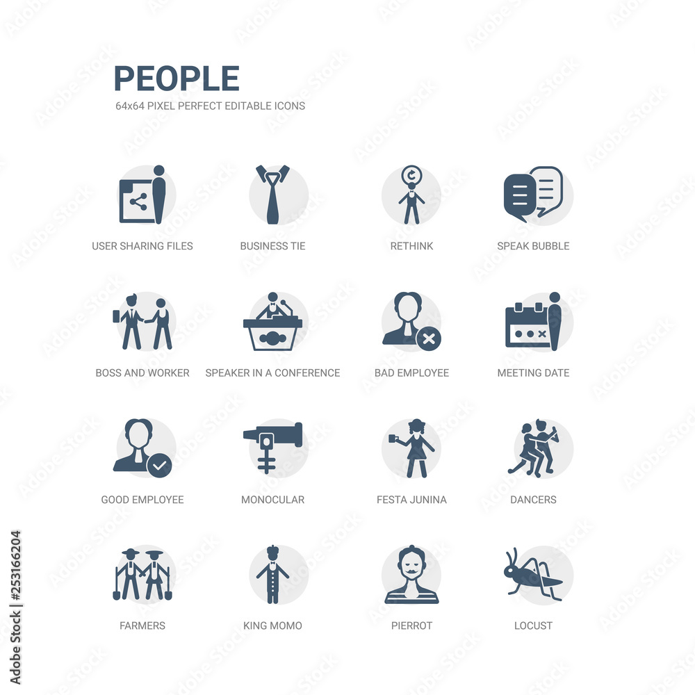 simple set of icons such as locust, pierrot, king momo, farmers, dancers, festa junina, monocular, good employee, meeting date, bad employee. related people icons collection. editable 64x64 pixel