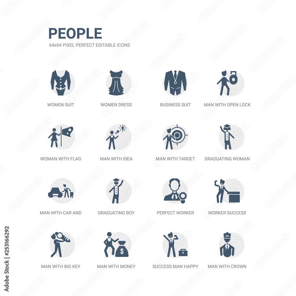 simple set of icons such as man with crown, success man happy, man with money, with big key, worker success, perfect worker, graduating boy, car and suitcase, graduating woman, target. related simple set of icons such as man with crown, success man happy, man with money, with big key, worker success, perfect worker, graduating boy, car and suitcase, graduating woman, target. related