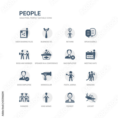 simple set of icons such as locust, pierrot, king momo, farmers, dancers, festa junina, monocular, good employee, meeting date, bad employee. related people icons collection. editable 64x64 pixel