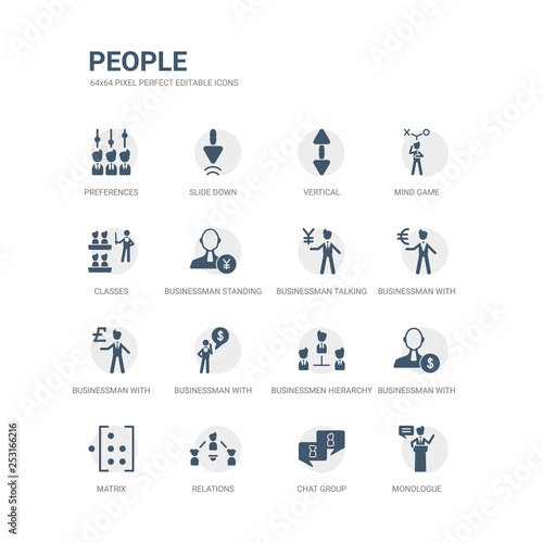 simple set of icons such as monologue, chat group, relations, matrix, businessman with dollar money, businessmen hierarchy, businessman with financial message about dollar, businessman with pound