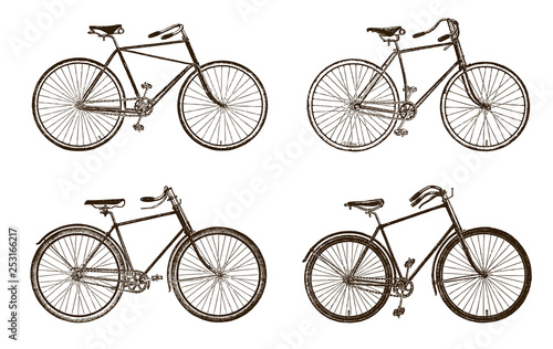 Collection of four historical bicycles (after an etching or engraving from the 19th century)