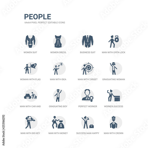 simple set of icons such as man with crown, success man happy, man with money, with big key, worker success, perfect worker, graduating boy, car and suitcase, graduating woman, target. related