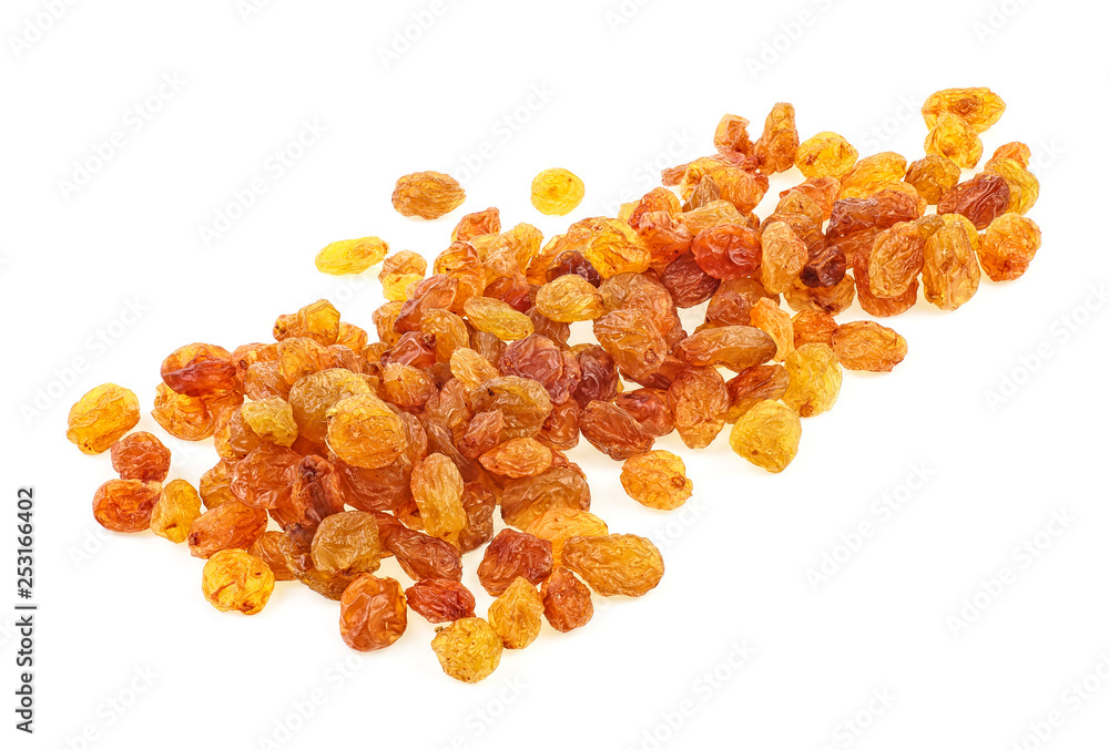 Yellow dried raisins isolated on a white background. Full depth of field. Yellow dried raisins isolated on a white background. Full depth of field.