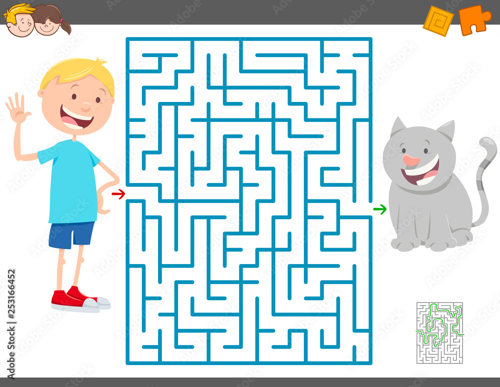 maze game with cartoon boy and his cat maze game with cartoon boy and his cat