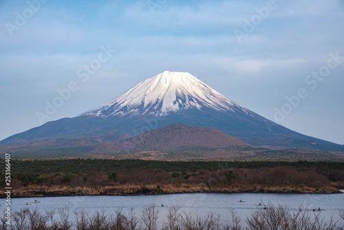 Mount Fuji or Mt. Fuji, the World Heritage, view in Lake Shoji ( Shojiko ). Fuji Five Lake region, Minamitsuru District, Yamanashi prefecture, Japan. Landscape for travel destination. photo