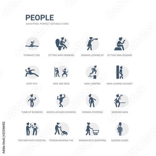 simple set of icons such as queens guard, woman with shopping cart, person mowing the grass, two men with cocktail glasses, smoking man, woman covering, muscular man showing his muscles, tumb up