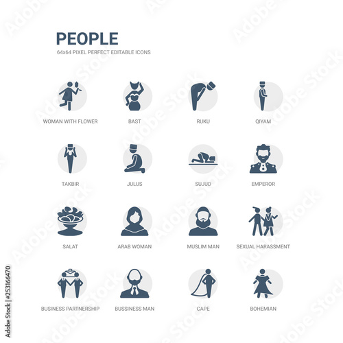 simple set of icons such as bohemian, cape, bussiness man, business partnership, sexual harassment, muslim man, arab woman, salat, emperor, sujud. related people icons collection. editable 64x64