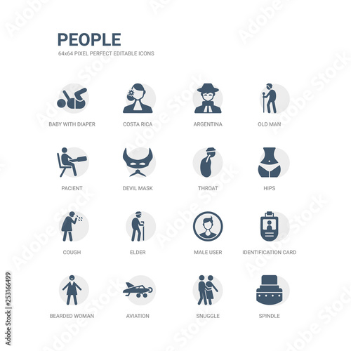 simple set of icons such as spindle, snuggle, aviation, bearded woman, identification card with picture, male user, elder, cough, hips, throat. related people icons collection. editable 64x64 pixel