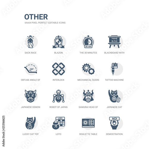 simple set of icons such as demostration, roulette table, loto, lucky cat toy, japanese cat, samurai head of japan, robot of japan, japanese demon, tattoo machine, mechanical gears. related other