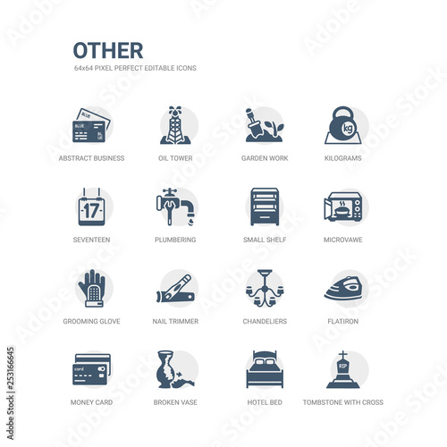 simple set of icons such as tombstone with cross, hotel bed, broken vase, money card, flatiron, chandeliers, nail trimmer, grooming glove, microvawe, small shelf. related other icons collection.