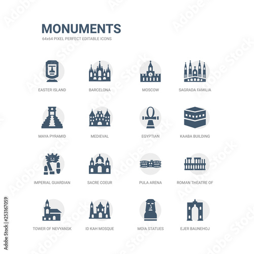 Canvas Print simple set of icons such as ejer baunehoj, moia statues, id kah mosque, tower of