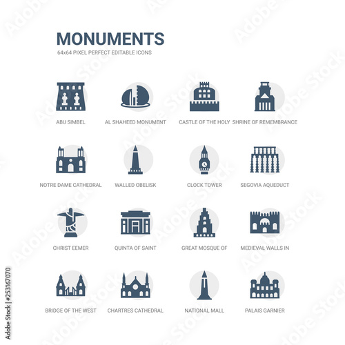 simple set of icons such as palais garnier, national mall, chartres cathedral, bridge of the west, medieval walls in avila, great mosque of samarra, quinta saint peter alexandria, christ eemer,