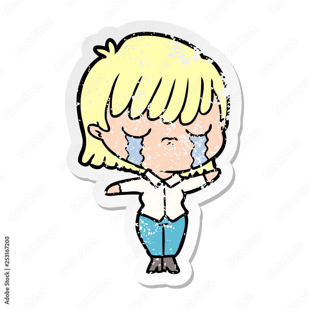 Obraz premium distressed sticker of a cartoon woman crying