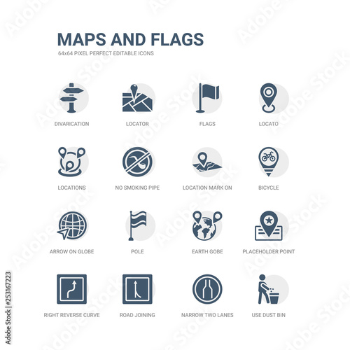 simple set of icons such as use dust bin, narrow two lanes, road joining, right reverse curve, placeholder point, earth gobe, pole, arrow on globe, bicycle, location mark on printed map. related